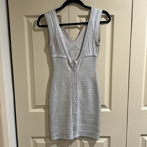 Herve Leger Metallic Silver Plunge Bandage Dress - Picture 3 of 6